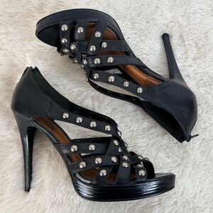 Cathy Jean Brazil Black Studded Leather Stiletto Heels Glam Biker Rocker Size 10